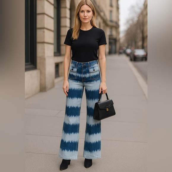 Gerard Darel Tie-Dye Wide-Leg Denim Jeans (High Rise) Size 34 EU, US 2 - Picture 1 of 13